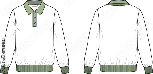 White long sleeve shirt with green collar cuffs and hem