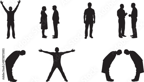 Black silhouettes of vendors standing by traditional street food carts and market stalls isolated on white background for small business and local commerce concepts