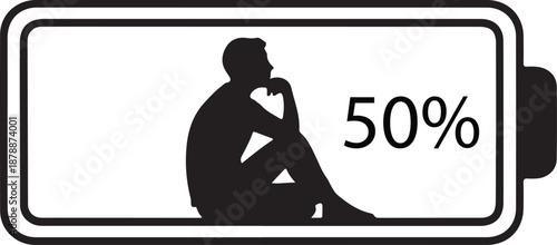 Burnout recovery icon, person sitting inside a battery at 50% charge, symbolizing mental exhaustion and recharge