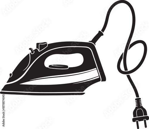 Electric iron appliance with attached power cord and plug for smoothing wrinkled clothes during laundry routine