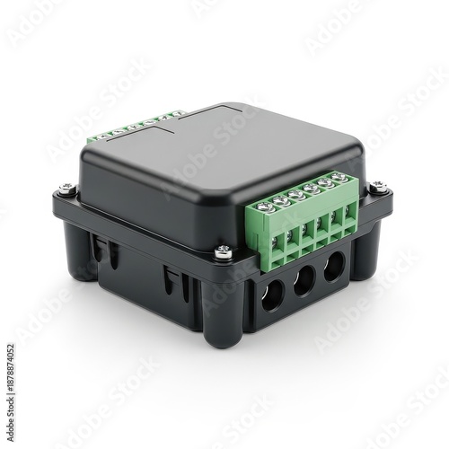 Photovoltaic junction box in black plastic with green connectors  