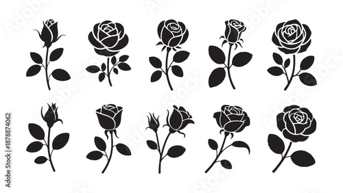 Collection of rose silhouettes depicting diverse bloom stages and stem orientations on white
