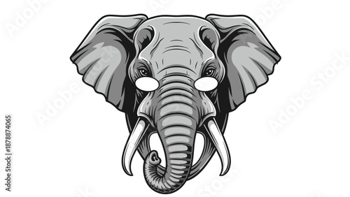 A detailed illustration of an elephant's head in grayscale, featuring large ears, tusks, and expressive eyes, against a white background.