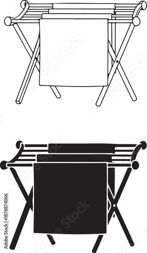 Folding clothes drying rack with textile hanging over bars in contrasting black and white design formats