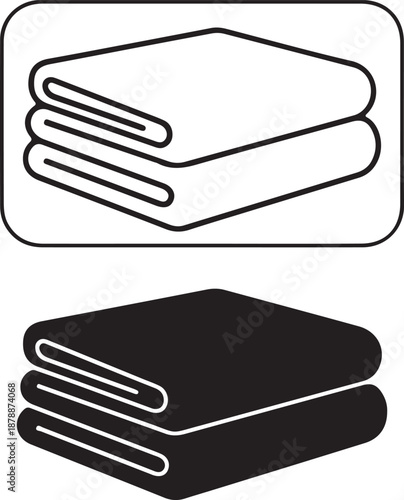 Folded fabric icon set with linear and solid versions showing stacked soft textiles for laundry service or household bathroom use