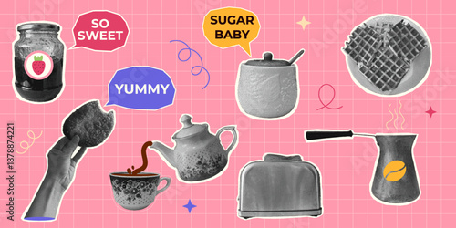 Retro breakfast food collage with coffee, teapot, toaster, waffle, jam and sweets. Vintage kitchen objects, pop art style, cozy morning concept illustration