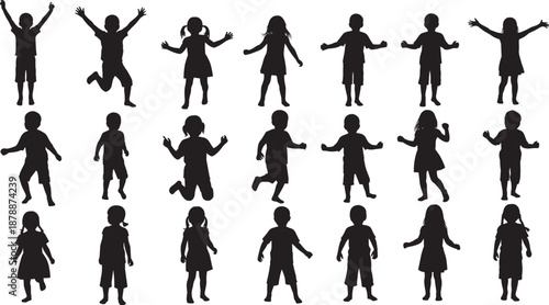 Large collection of happy children silhouettes jumping playing and dancing together isolated on white background for school education youth lifestyle and childhood celebration designs