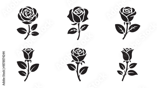 Collection of black rose flower vector silhouettes with stem and leaves isolated on white background