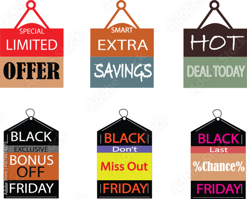 Collection of colorful shopping discount tags and labels