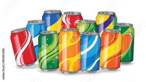 A group of colorful soda cans with various abstract designs, arranged together against a white background, representing beverages.