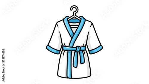 A white bathrobe with blue trim and a tied blue belt, hanging on a hanger against a white background, suggesting comfort and relaxation.
