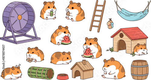 Set of cute hamster vector illustrations featuring characters eating watermelon, running in wheels, sleeping in wooden houses, hammocks, and play tunnels.