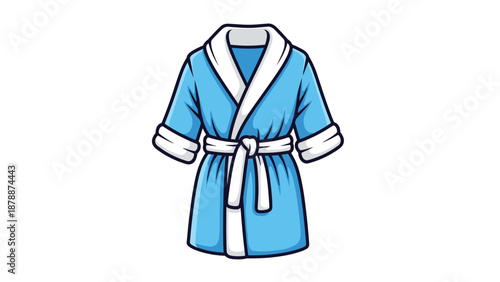 A blue bathrobe with white trim and a white belt, featuring rolled cuffs, presented against a white background, symbolizing comfort and relaxation.