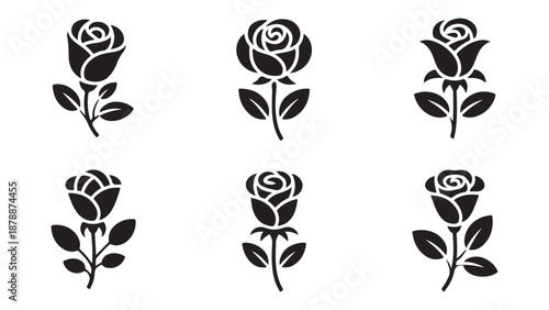 Set of black rose flower vector icons with stem and leaves isolated on white background