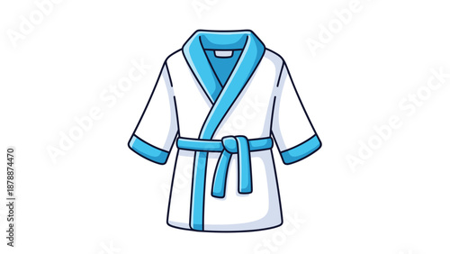 A white bathrobe with blue trim and a matching blue belt, presented against a white background, symbolizing comfort and relaxation.