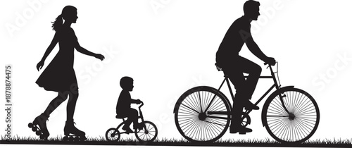 Black silhouettes of a family with a mother roller skating a child on a tricycle and a father riding a bicycle outdoors on grass