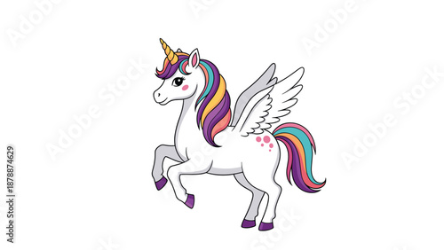 Illustration of a white unicorn with wings (pegasus), a golden horn, and a rainbow-colored mane and tail, with pink spots on its body.