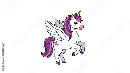 A cute illustration of a white pegasus unicorn with pink and purple mane and tail, and pink hearts on its body, against a white background.