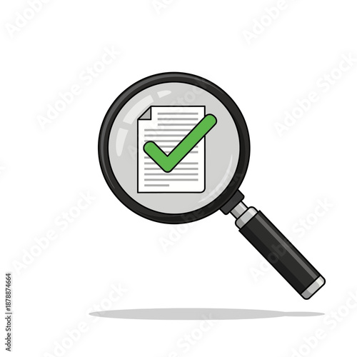 Magnifying glass over a document with a green checkmark, signifying verification and successful completion of tasks, ideal for business and research contexts