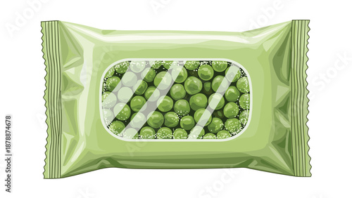 A package of frozen green peas, with a clear window showing the peas inside, against a white background.