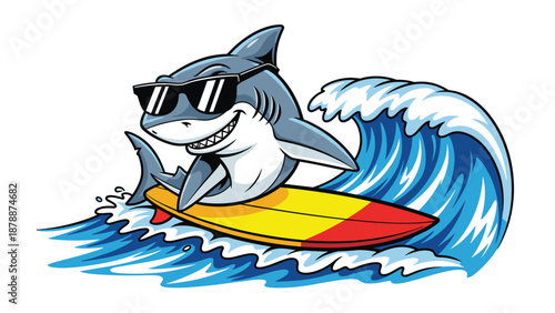 A cartoon illustration of a shark wearing sunglasses, surfing on a surfboard on a wave, with water splashing, against a white background.