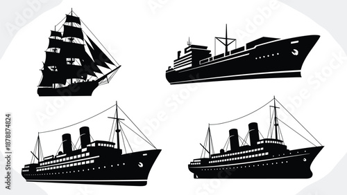 A collection of four black silhouette ship icons, featuring a sailing ship, a cargo ship, and two passenger liners, displayed on a light grey background.