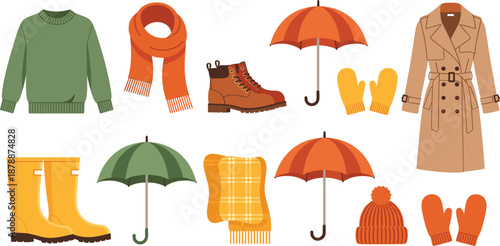 Set of autumn and rainy day vector illustrations featuring trench coats, cozy sweaters, umbrellas, rubber boots, warm scarves, mittens, and knit beanies.