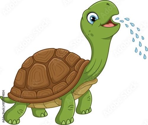 Cute cartoon turtle character spitting water drops, happy green tortoise mascot with brown shell, funny aquatic reptile for kids design.