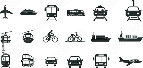 Large set of black transportation and logistics icons including airplane train car bus ship and bicycle isolated on white background for travel and commerce designs