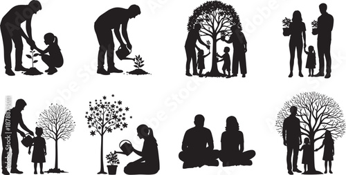 Silhouettes of families gardening together planting trees and watering plants to promote environmental sustainability nature conservation and growth for a green future outdoors