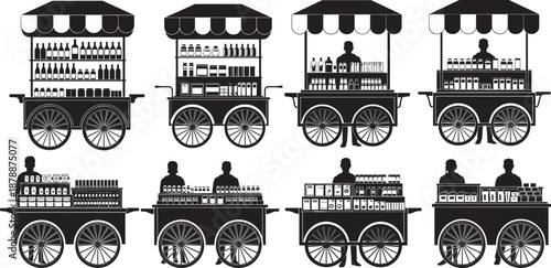 Black silhouettes of street food vendors and mobile market stalls selling products with striped awnings isolated on white background for local business and commerce designs