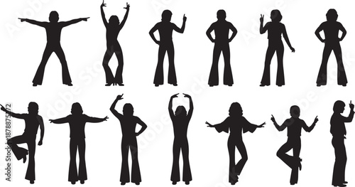 Black silhouettes of people dancing in retro disco style wearing bell bottom pants and performing expressive poses isolated on white background for party celebrations
