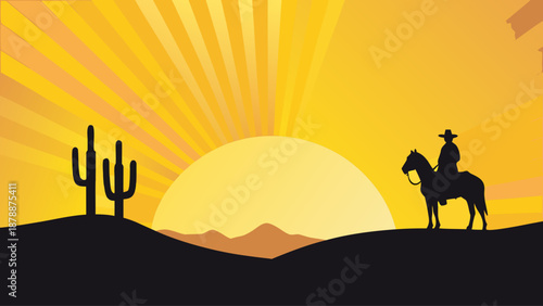 Cowboy riding horse at sunset in desert landscape with cactus
