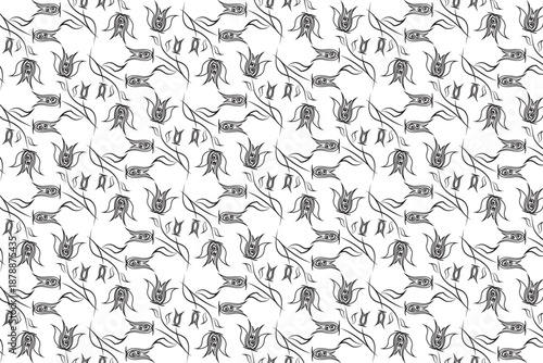 The pattern is a black and white , continuous -line drawing , style . It is a seamless vectors pattern , meaning it repeats without visible edges 