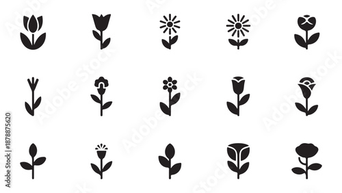 Simple silhouette icons of various flowers including tulips daisies and closed rose buds