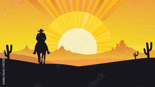 Cowboy riding horse into desert sunset with cacti