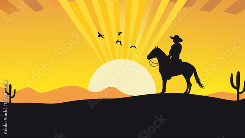 Cowboy riding horse at sunset in desert landscape with cacti