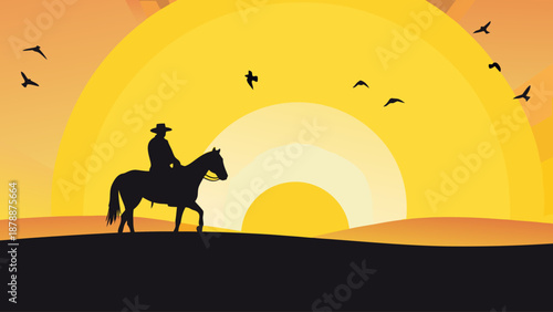 Cowboy riding horse at sunset with birds flying overhead