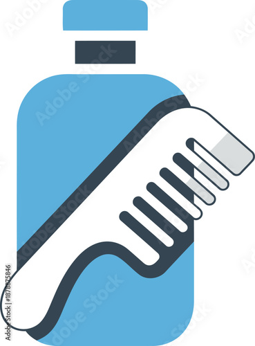 A light blue bottle with a dark blue cap and a white comb with dark blue teeth, representing hair care products.