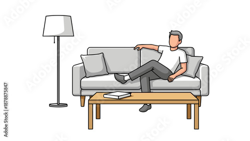 A vector illustration depicts a man casually relaxing on a comfortable gray sofa with his feet resting on a coffee table