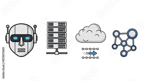 An intricate collection of digital icons featuring a robot head, server rack, a happy cloud, and complex network connections on a white background, symbolizing advanced technology.