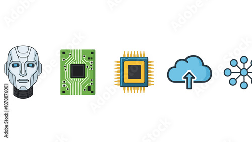 A distinct set of technology icons featuring a robot head, a detailed circuit board, a powerful CPU, a cloud with an upload arrow, and an interconnected network.