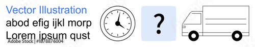 Logistics, delivery services, time management, business decisions, shipping efficiency, and customer service. Clock, question mark, and truck icons illustrate a delivery decision-making concept