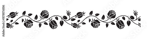 Ornate rose vine border with buds and leaves, decorative floral garland for graphic design