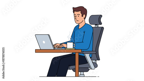 A focused man diligently works on his laptop at a desk, maintaining good posture while seated in an ergonomic office chair, with a coffee mug nearby.