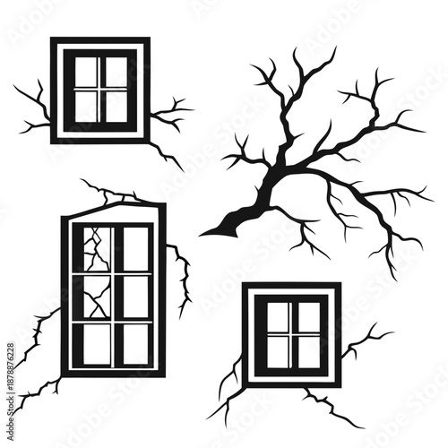Haunted house windows and tree silhouette