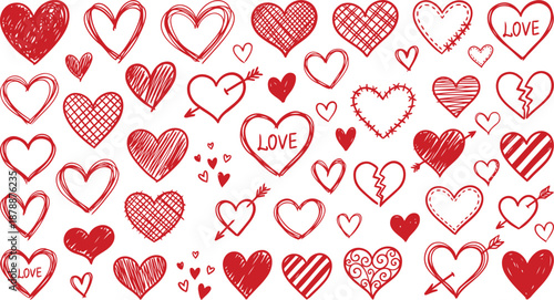Large Collection of Hand-Drawn Red Hearts Doodles for Valentine's Day Love Romance Wedding Design