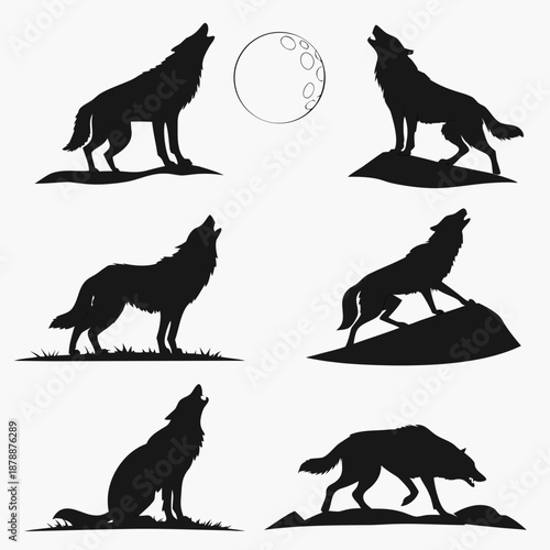 Wolf silhouettes howling at the moon