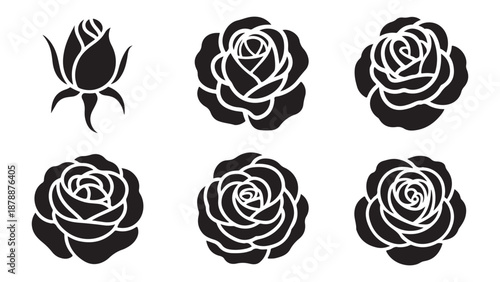 Photos Rose flower silhouette set with blooming rose heads and rosebud icon collection