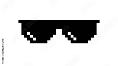 Pixelated black sunglasses icon, representing a cool, confident, or humorous digital aesthetic. This vector graphic is ideal for modern designs, gaming, and internet culture content